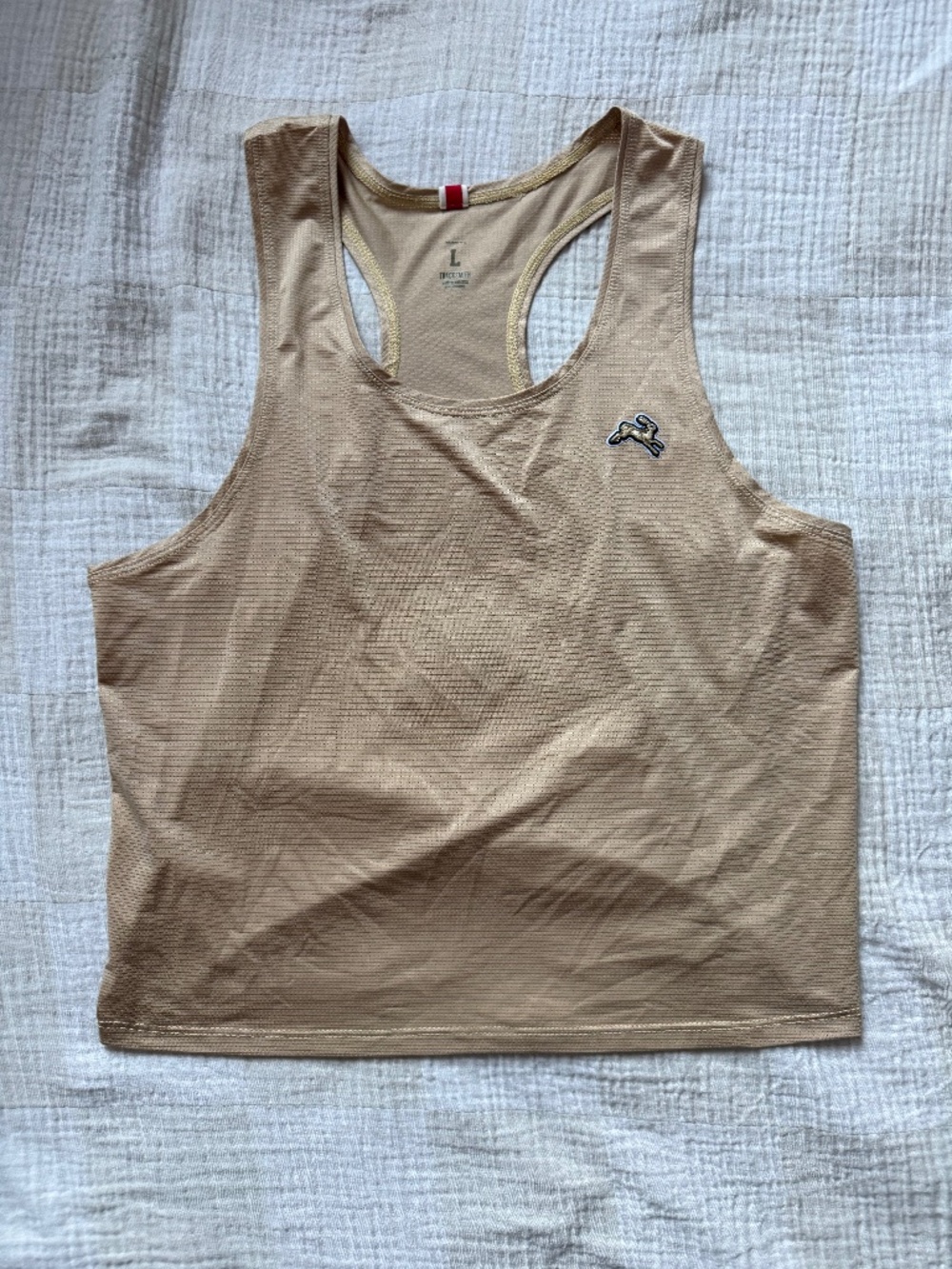 Tracksmith Women's Twilight Running Tank Top Beige Tan Mesh Racerback Size L